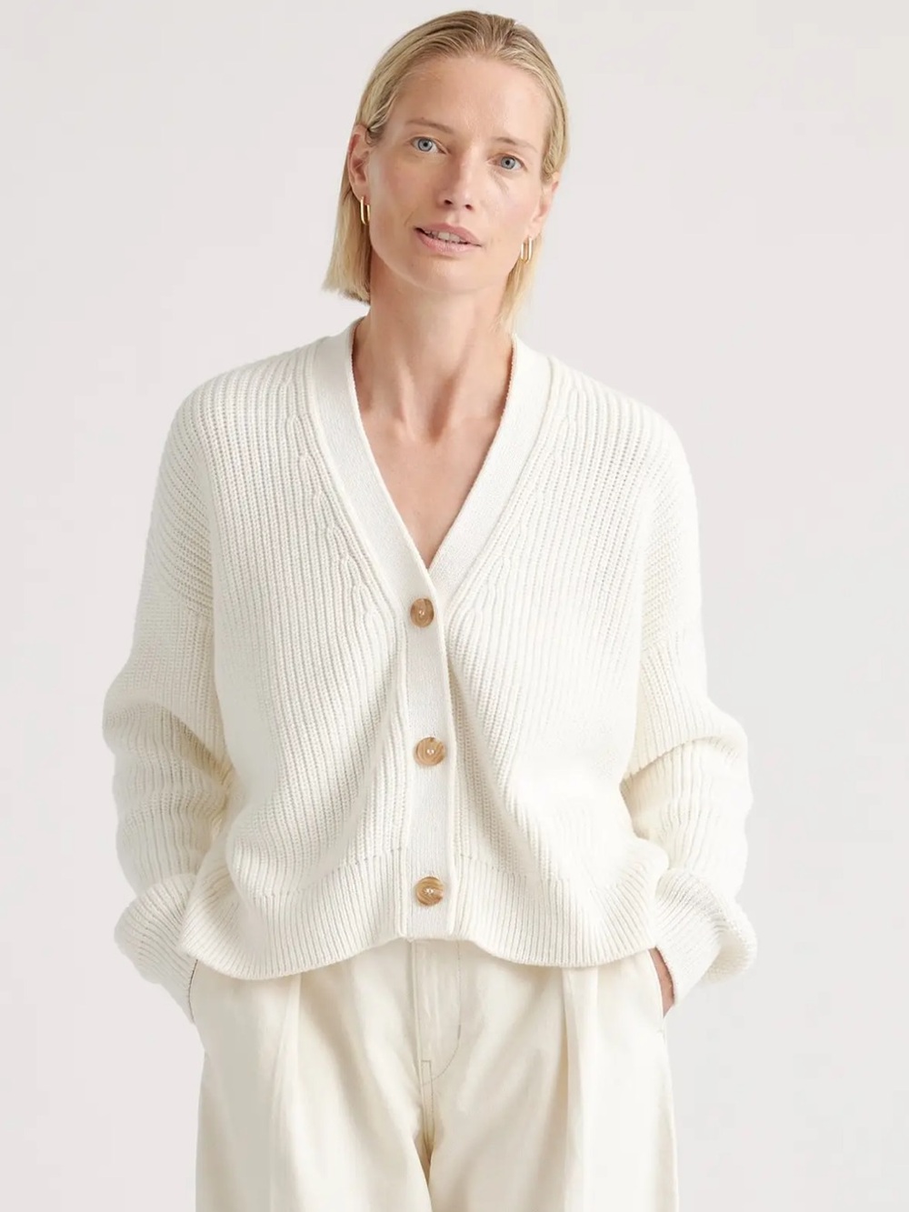Quince Ivory Ribbed V-Neck Button-Front Fisherman Boxy Cropped Cardigan NWT